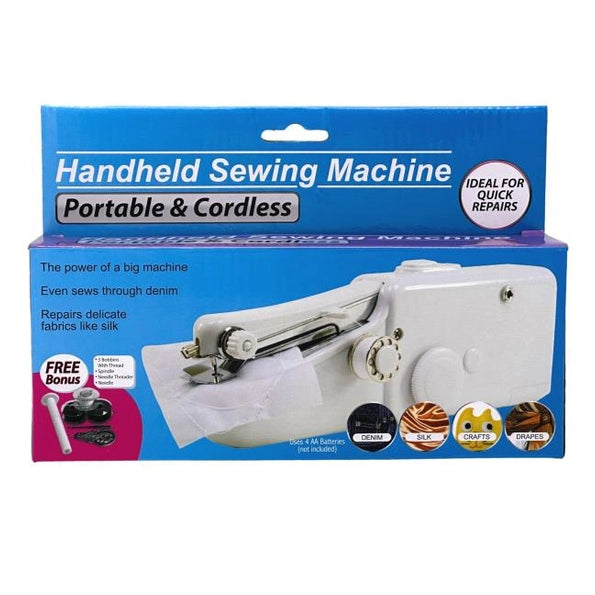 A handheld sewing machine in its packaging.